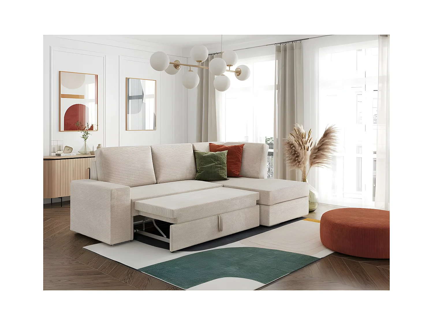 Canapé d'angle fixe ATEMIS convertible avec coffre en velours cotelé - Beige