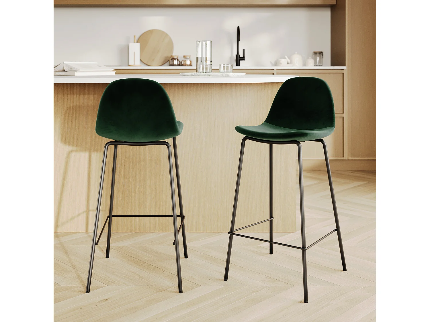 Set de 2 sillas para isla de cocina en terciopelo verde oscuro 65 cm - Henrik
