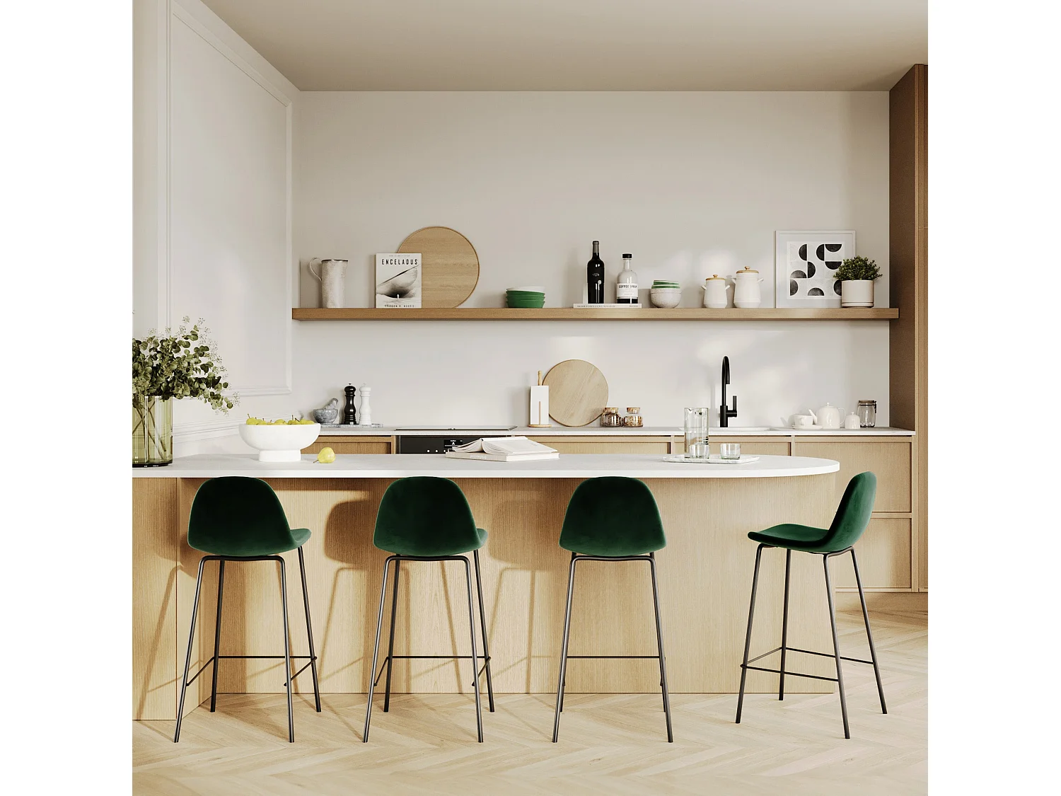 Set de 2 sillas para isla de cocina en terciopelo verde oscuro 65 cm - Henrik