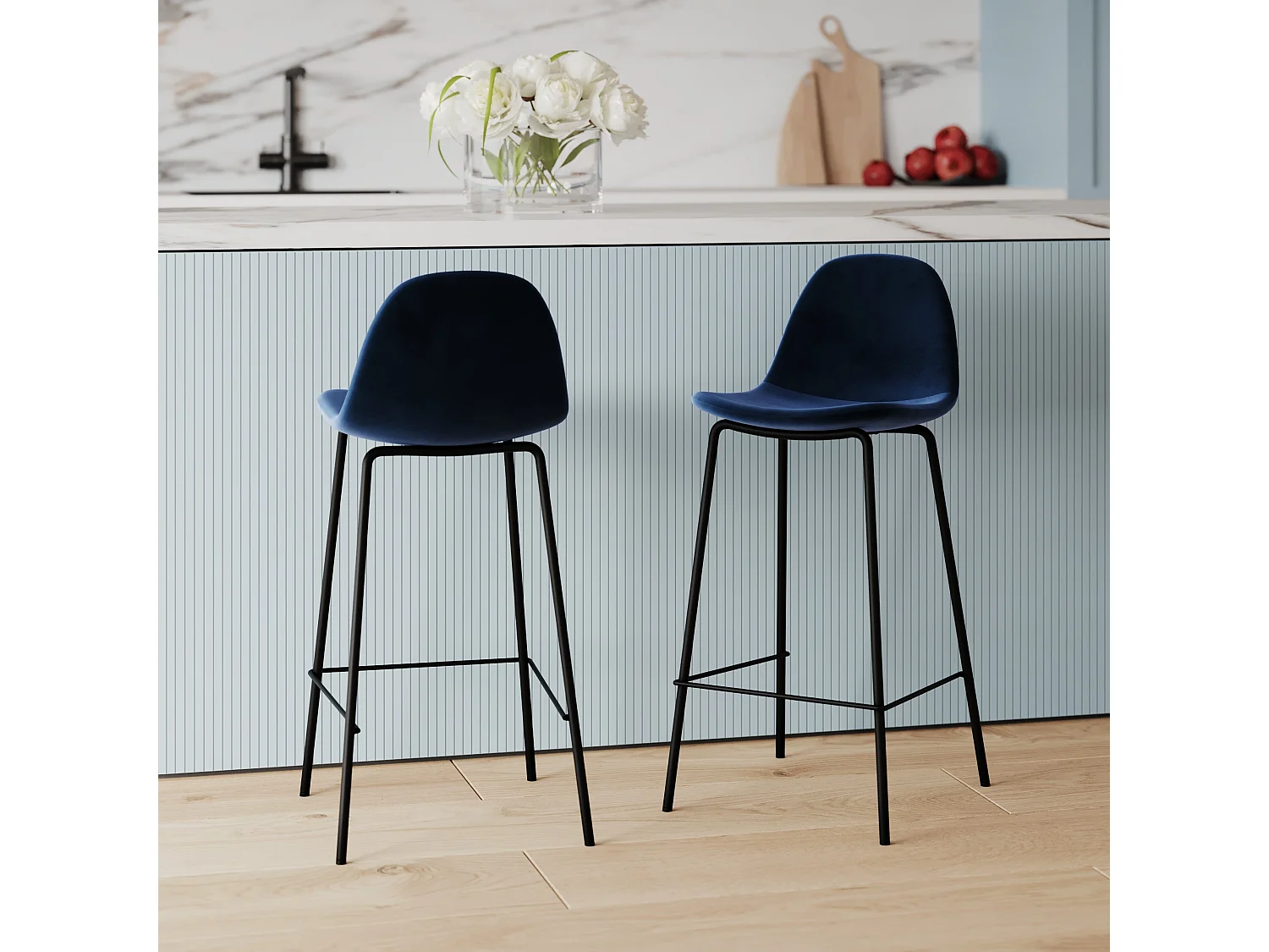 Set de 2 sillas para isla de cocina en terciopelo azul oscuro 65 cm - Henrik