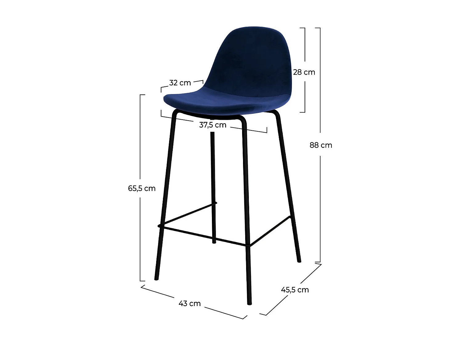Lot de 2 chaises pour îlot central 65 cm en velours bleu foncé - Henrik