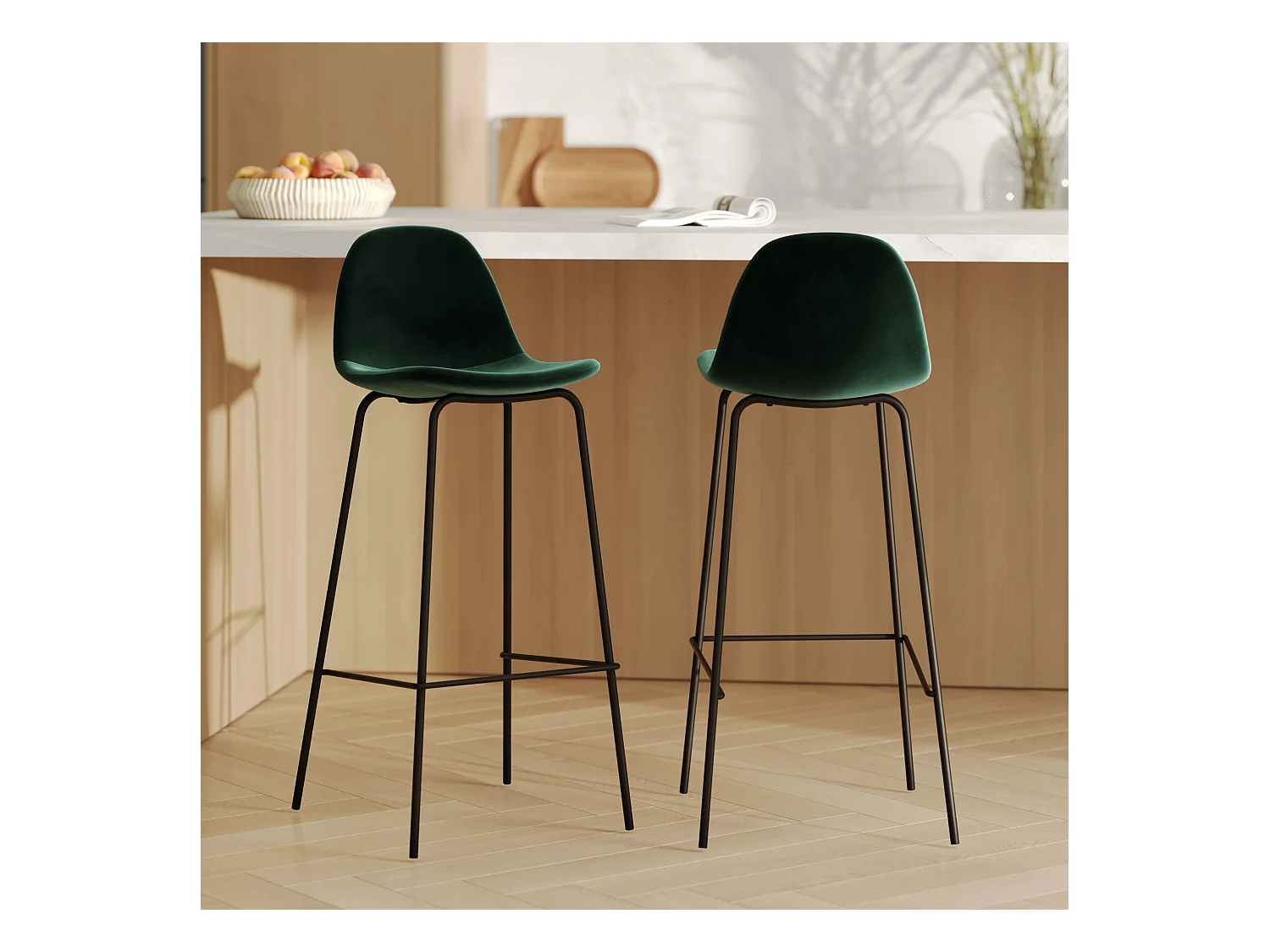 Lot de 2 chaises de bar en velours vert foncé 75 cm - Henrik