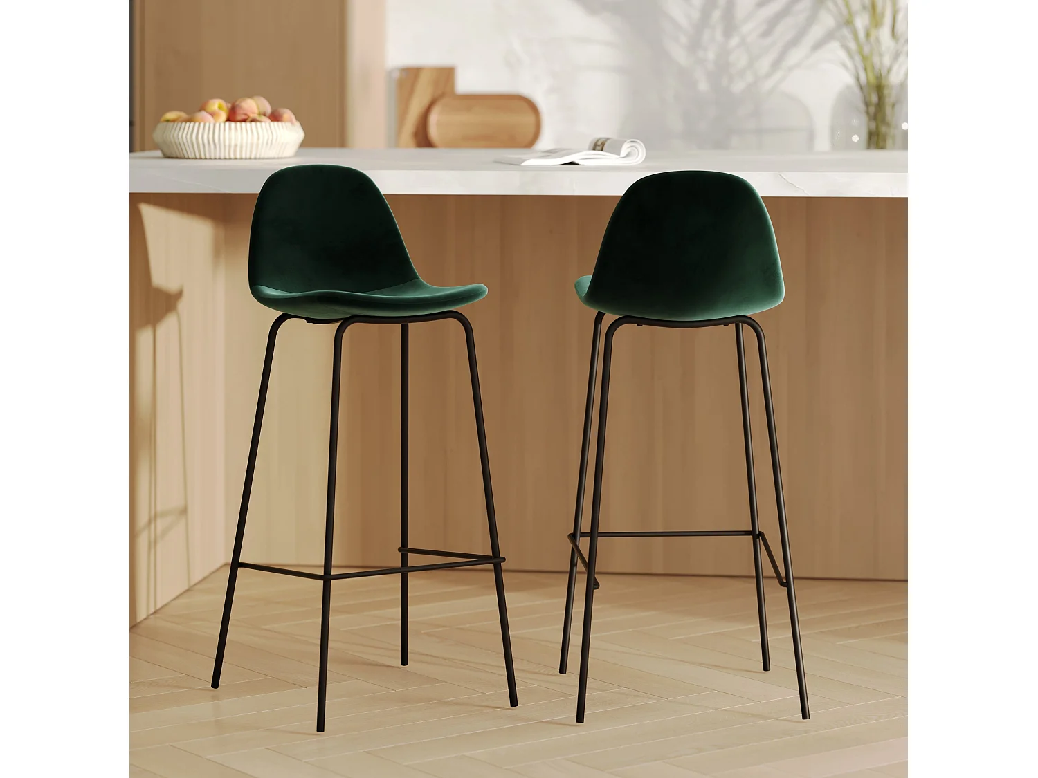 Lot de 2 chaises de bar en velours vert foncé 75 cm - Henrik