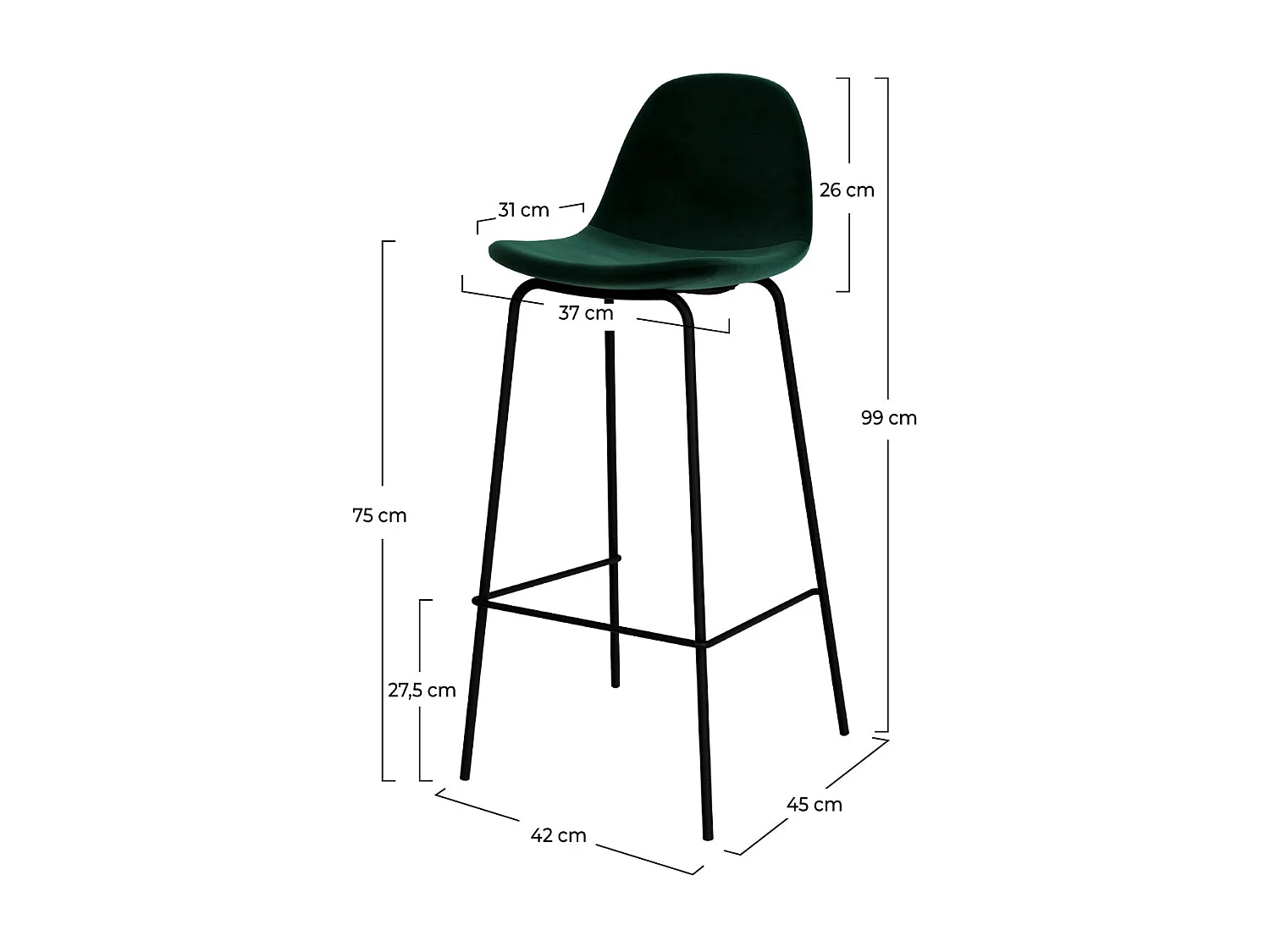 Lot de 2 chaises de bar en velours vert foncé 75 cm - Henrik