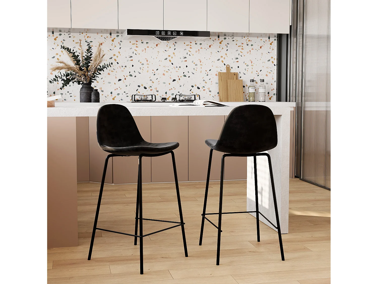 Set de 2 sillas para isla de cocina en terciopelo negro 65 cm - Henrik