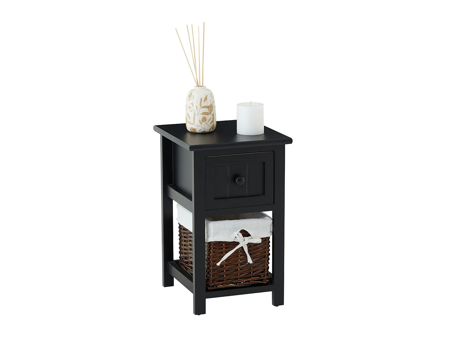 Table de chevet MESSINA table de nuit en bois noir avec 1 tiroir et 1 panier en osier et insert en tissu blanc