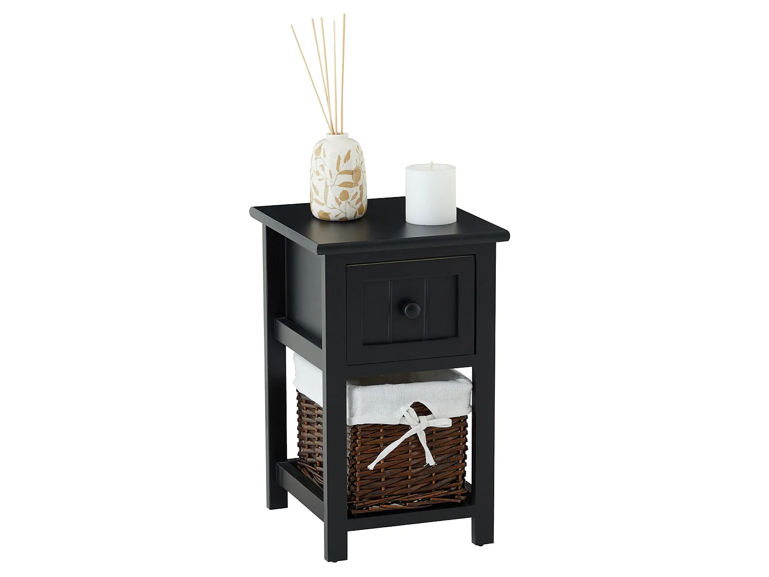 Table de chevet MESSINA table de nuit en bois noir avec 1 tiroir et 1 panier en osier et insert en tissu blanc