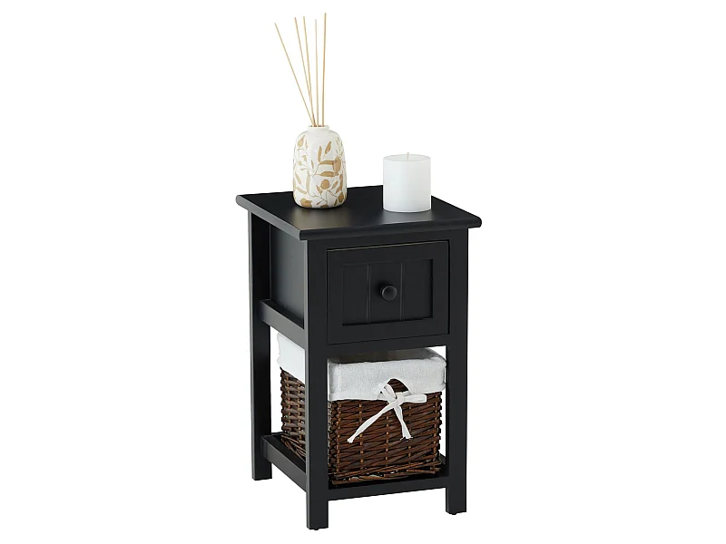 Table de chevet MESSINA table de nuit en bois noir avec 1 tiroir et 1 panier en osier et insert en tissu blanc