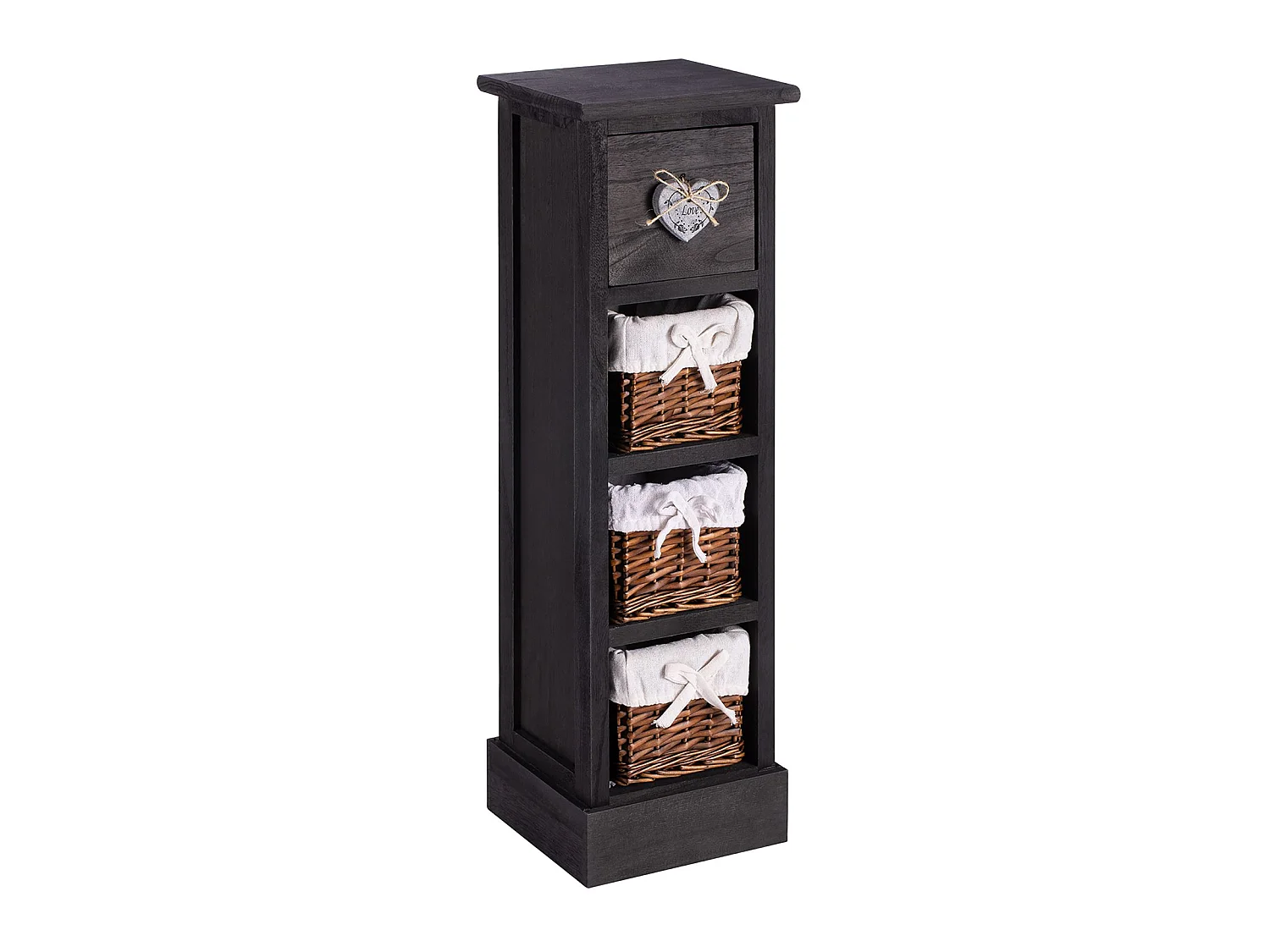 Chiffonnier FLOWER petit meuble avec 1 tiroir et 3 paniers étagère en bois de paulownia noir, style shabby chic vintage rustique