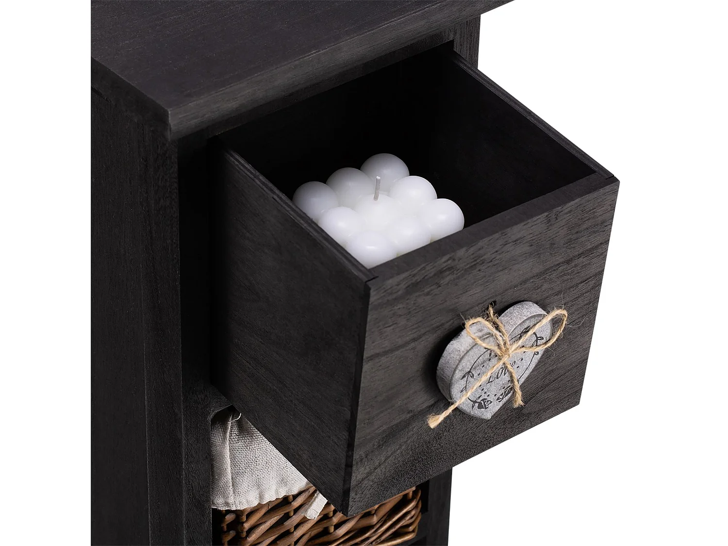 Chiffonnier FLOWER petit meuble avec 1 tiroir et 3 paniers étagère en bois de paulownia noir, style shabby chic vintage rustique