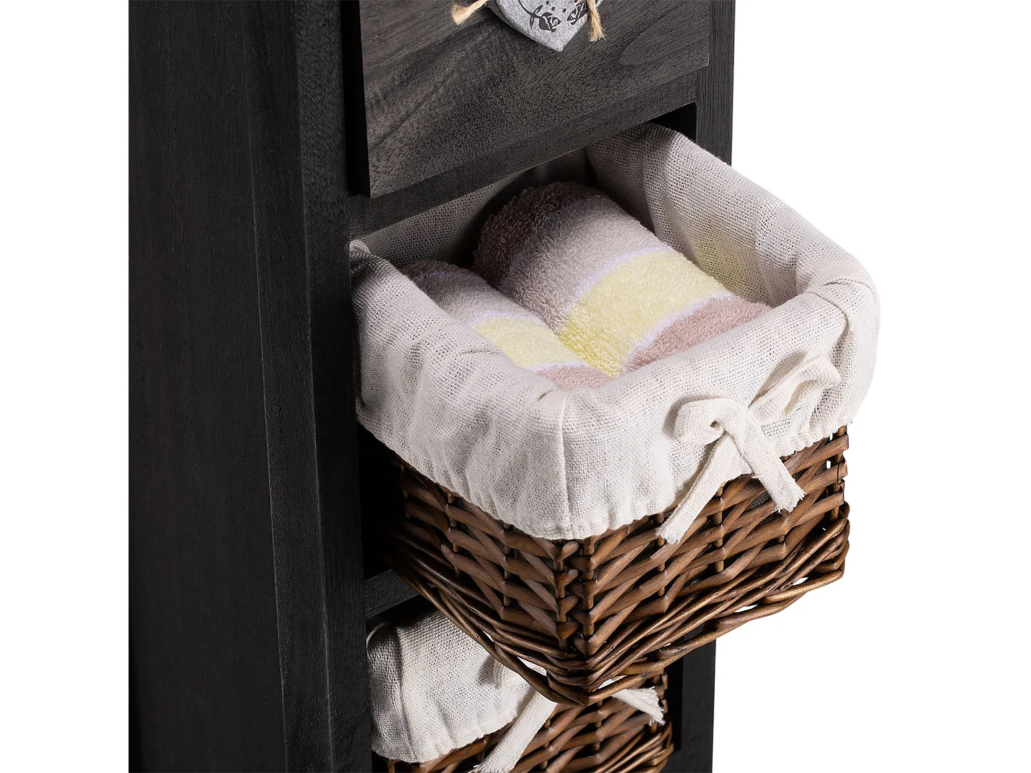 Chiffonnier FLOWER petit meuble avec 1 tiroir et 3 paniers étagère en bois de paulownia noir, style shabby chic vintage rustique