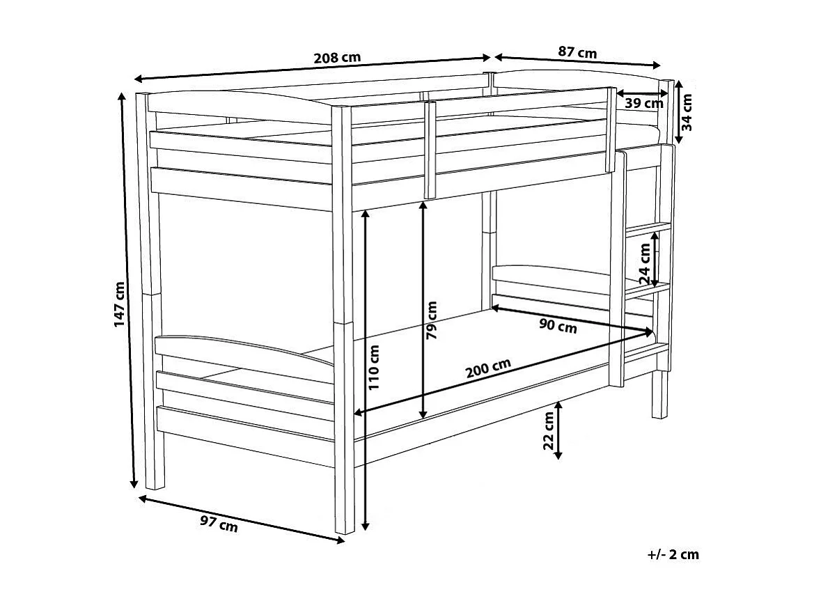 Litera Madera de pino REGAT 90 x 200 cm Gris