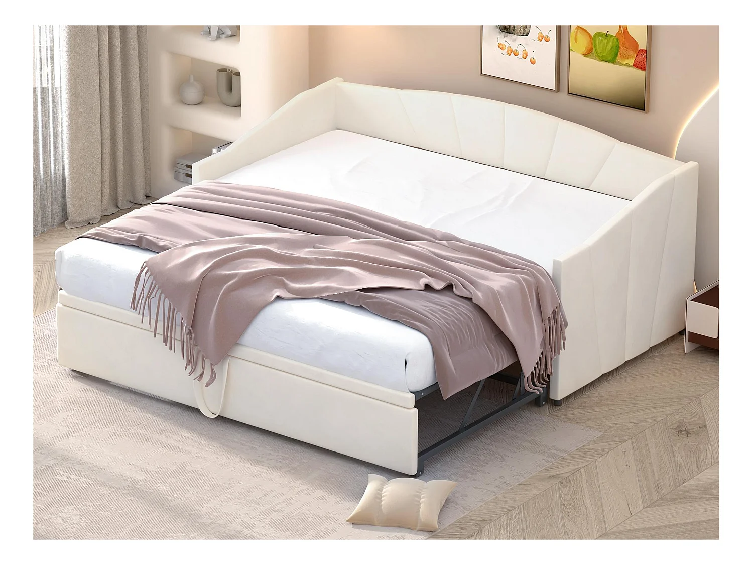 Lit gigogne en velours 180x200 cm - sommier à lattes - Beige