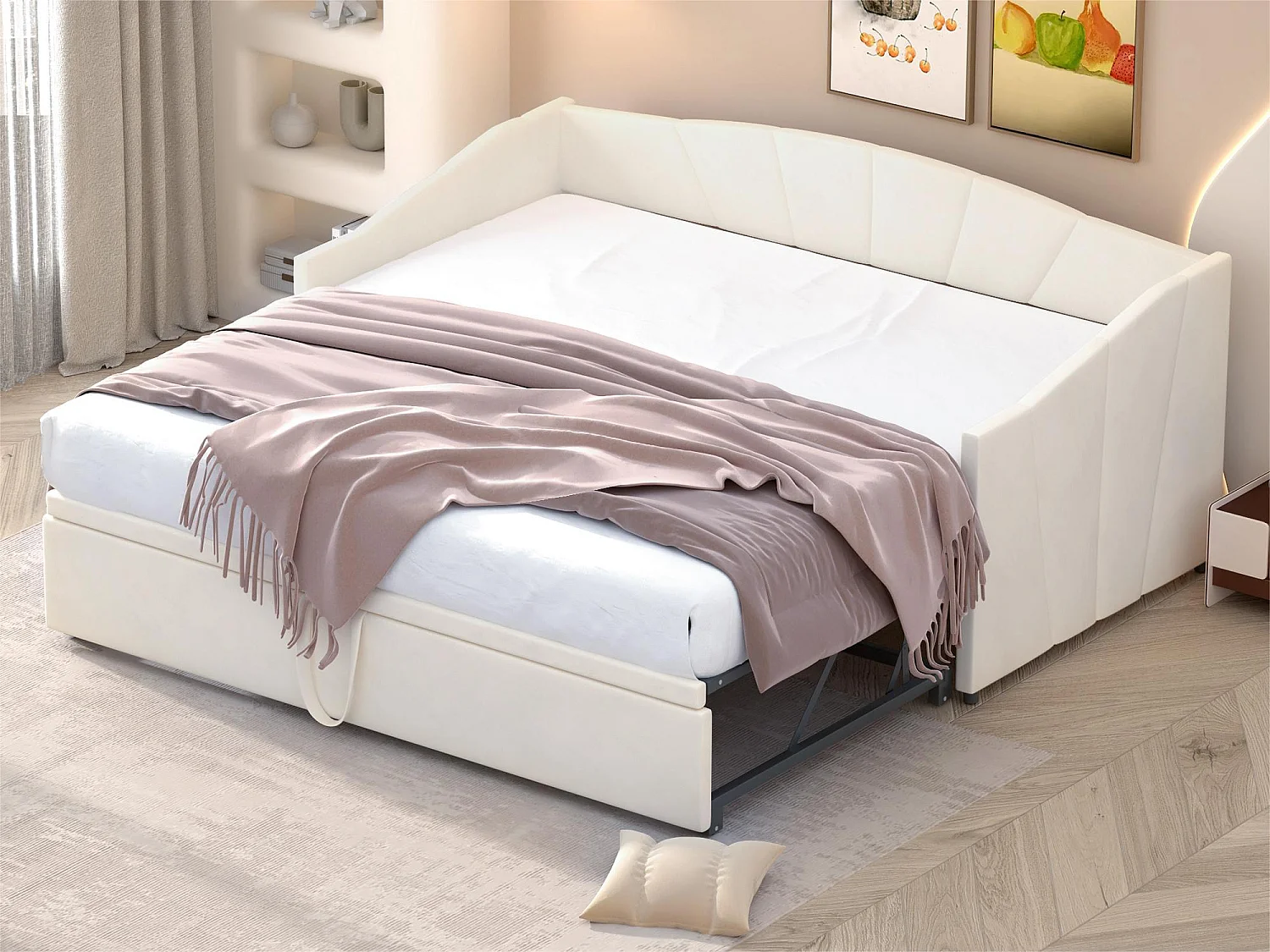 Ausziehbett aus Samt 180x200cm – Lattenrost – Beige