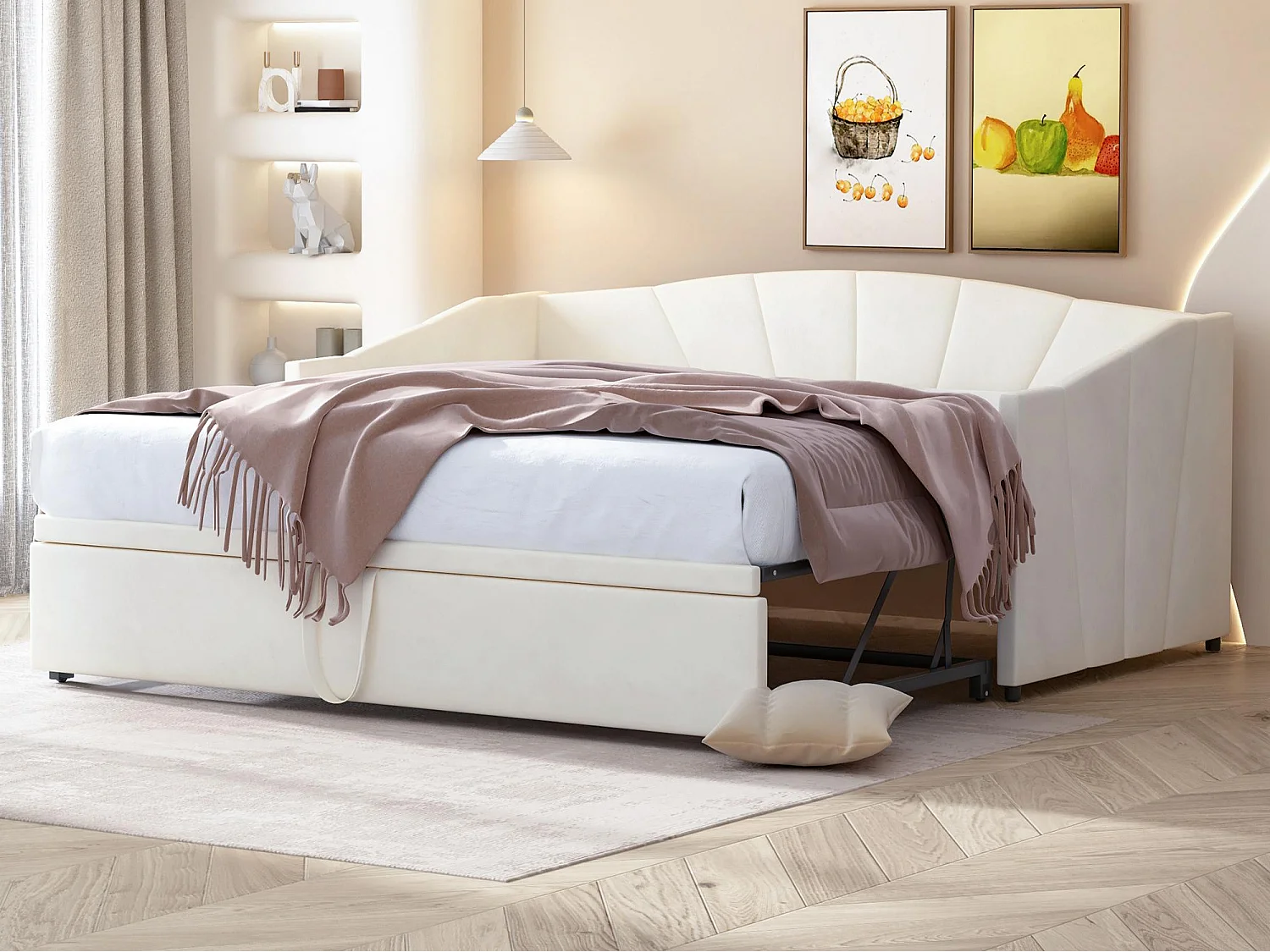 Canapé-lit en velours 90/180x200 cm - cadre de lit gigogne - avec sommier à lattes - Beige