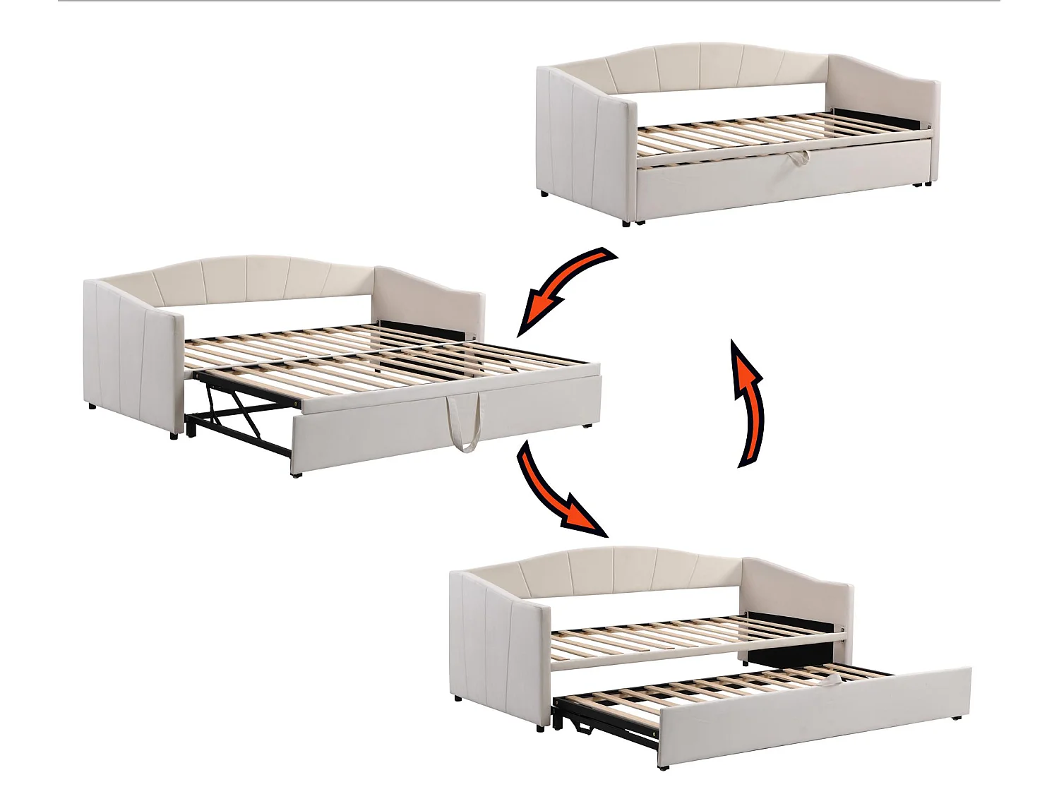 Canapé-lit en velours 90/180x200 cm - cadre de lit gigogne - avec sommier à lattes - Beige