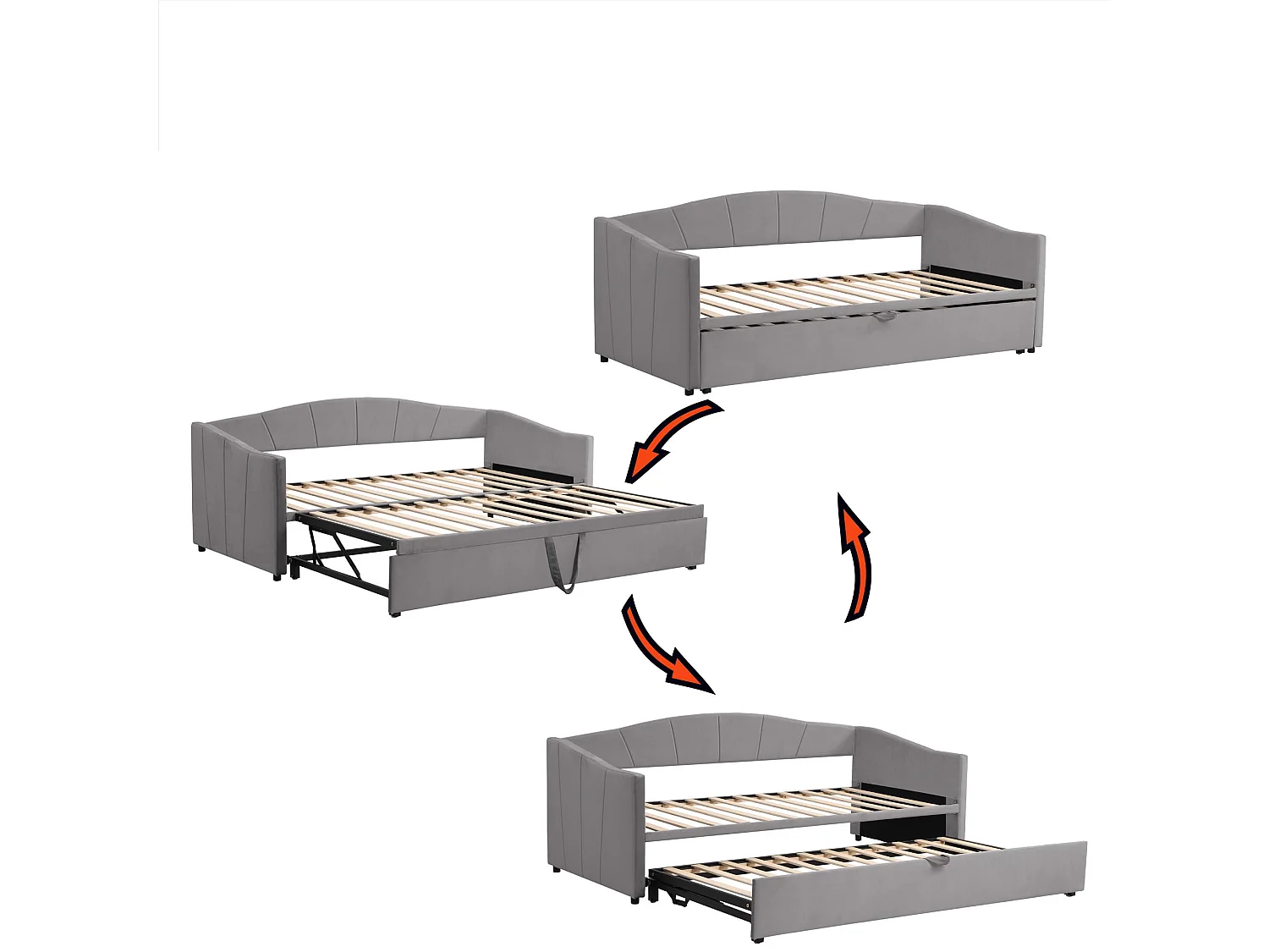 Fluwelen onderschuifbed 180x200 cm - lattenbodem - grijs