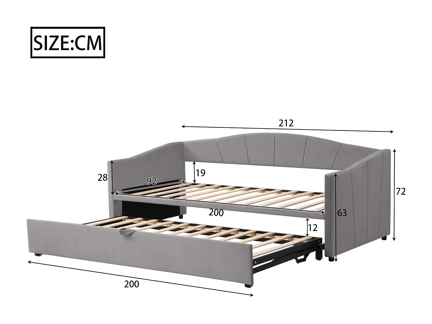 Fluwelen onderschuifbed 180x200 cm - lattenbodem - grijs