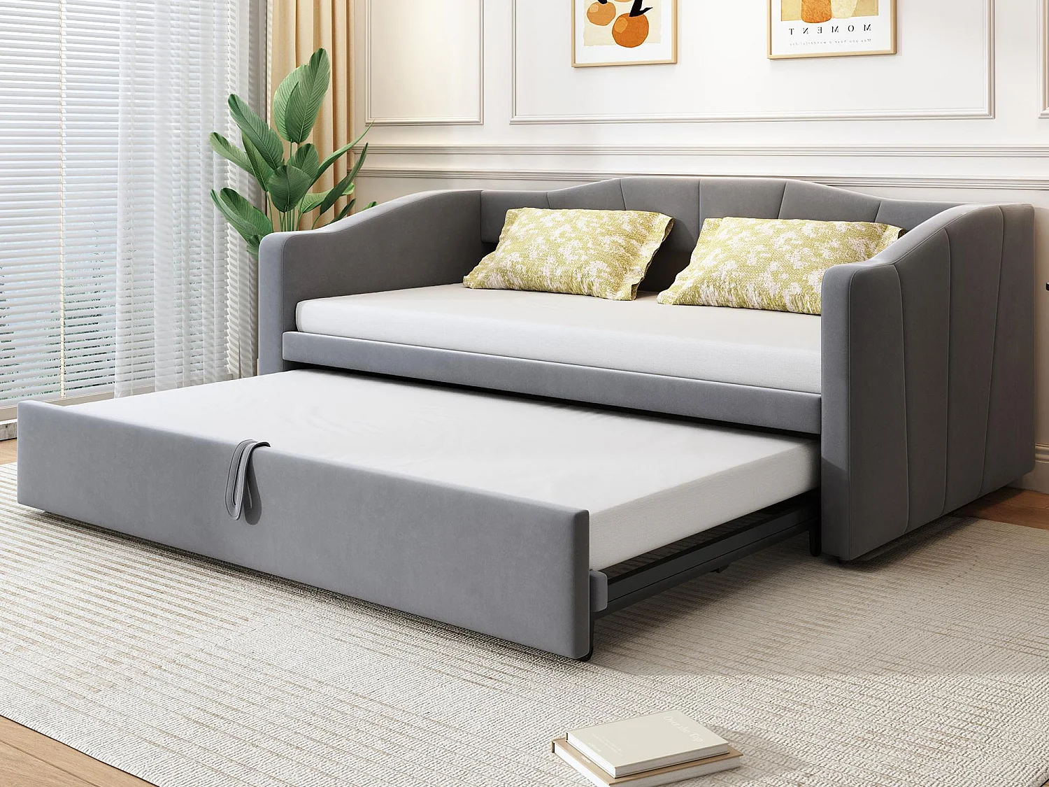 Lit banquette en velours 180x200 cm - avec lit gigogne - sommier à lattes - Gris