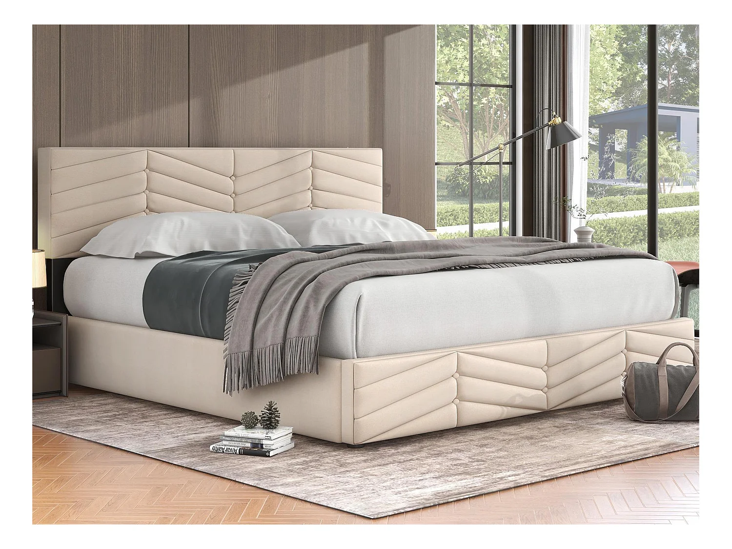 Lit coffre en velours avec sommier à lattes + tête de lit réglable - 160x200cm - Beige