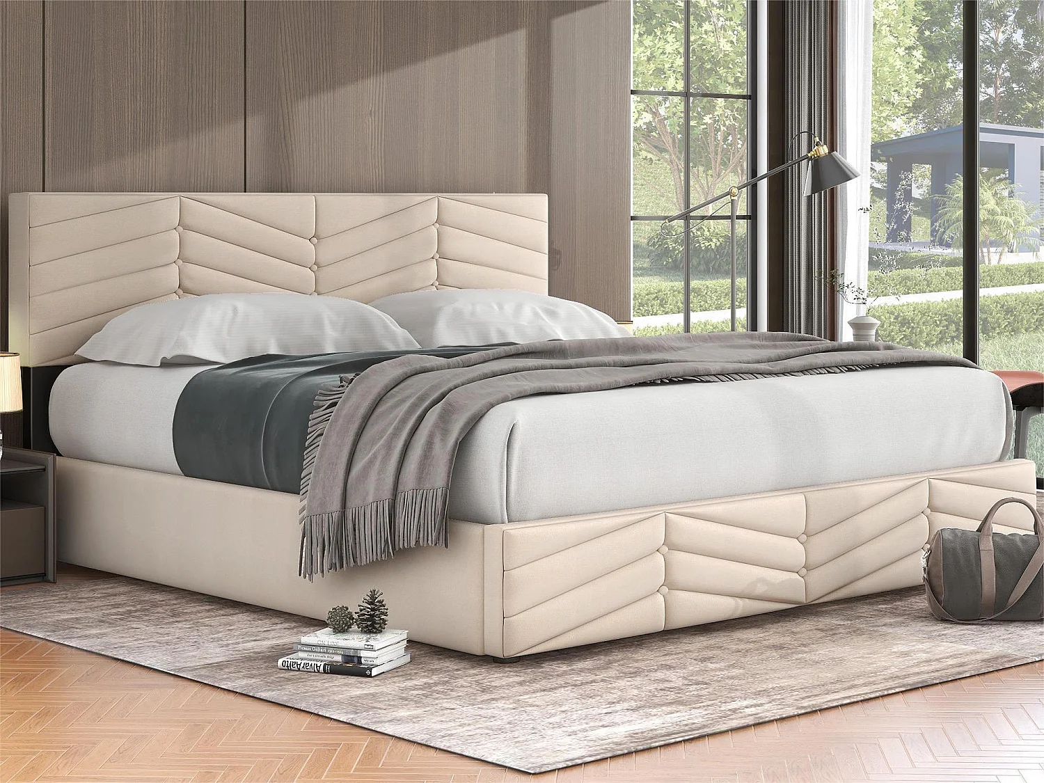 Fluwelen opbergbed met lattenbodem + verstelbaar hoofdeinde - 160x200cm - Beige