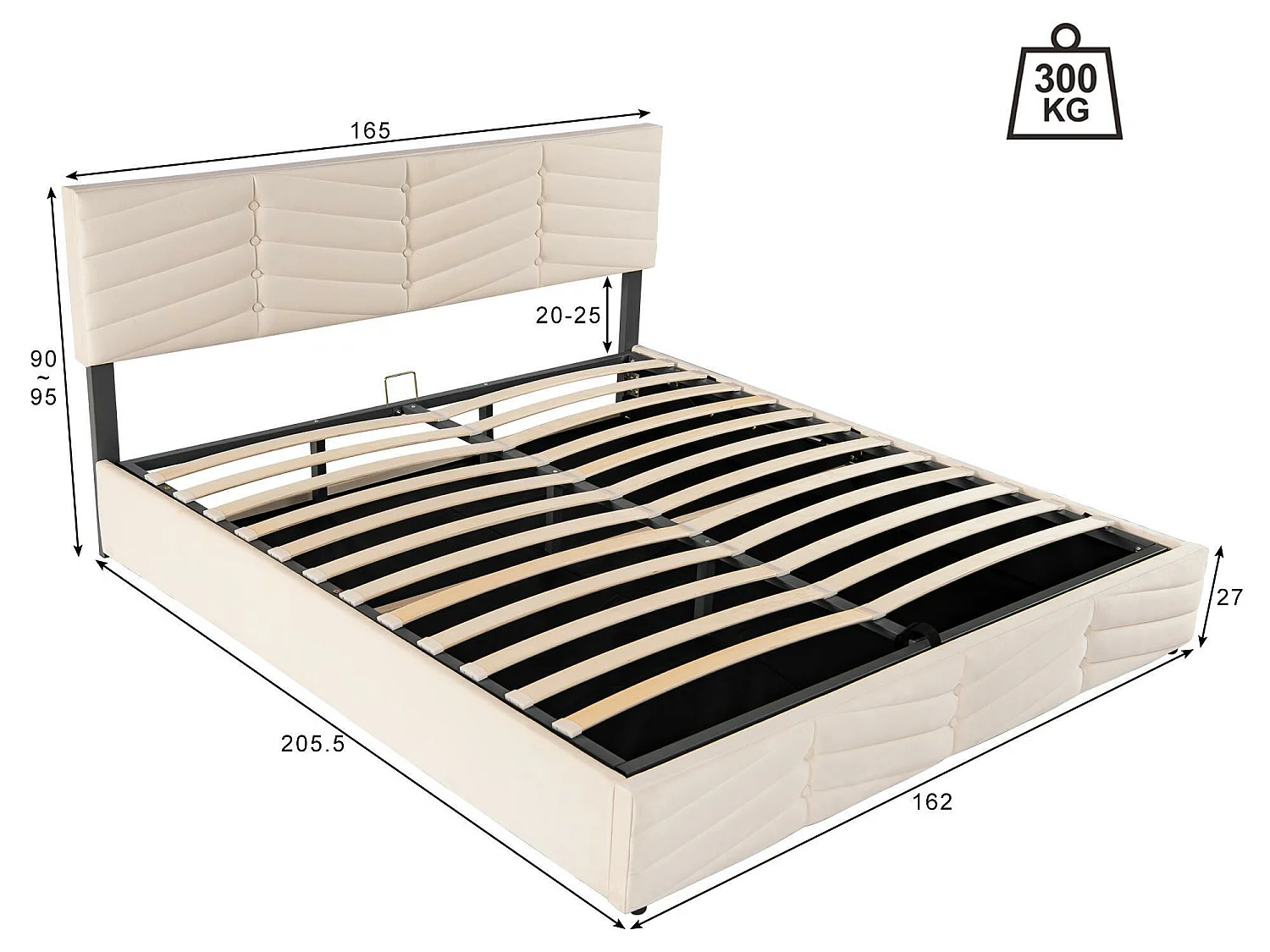 Fluwelen opbergbed met lattenbodem + verstelbaar hoofdeinde - 160x200cm - Beige