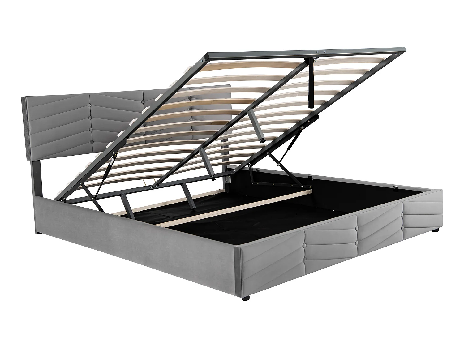 Lit coffre en velours avec sommier à lattes + tête de lit réglable - 160x200cm - Gris
