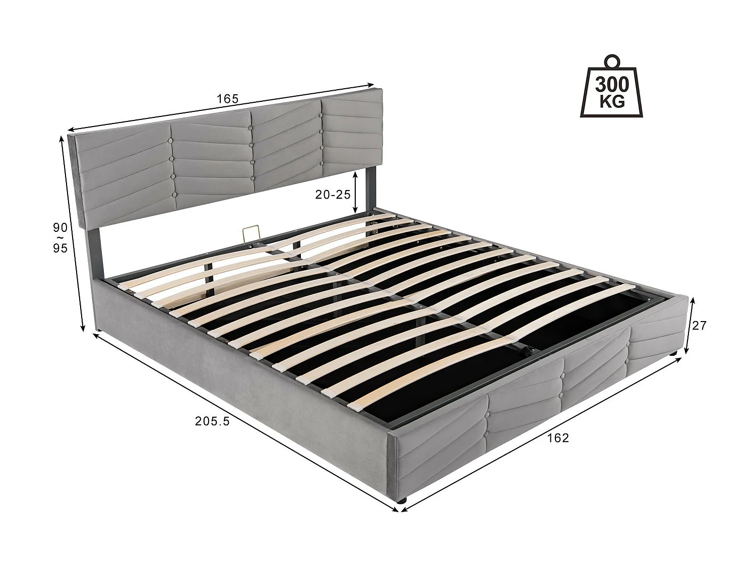 Lit coffre en velours avec sommier à lattes + tête de lit réglable - 160x200cm - Gris