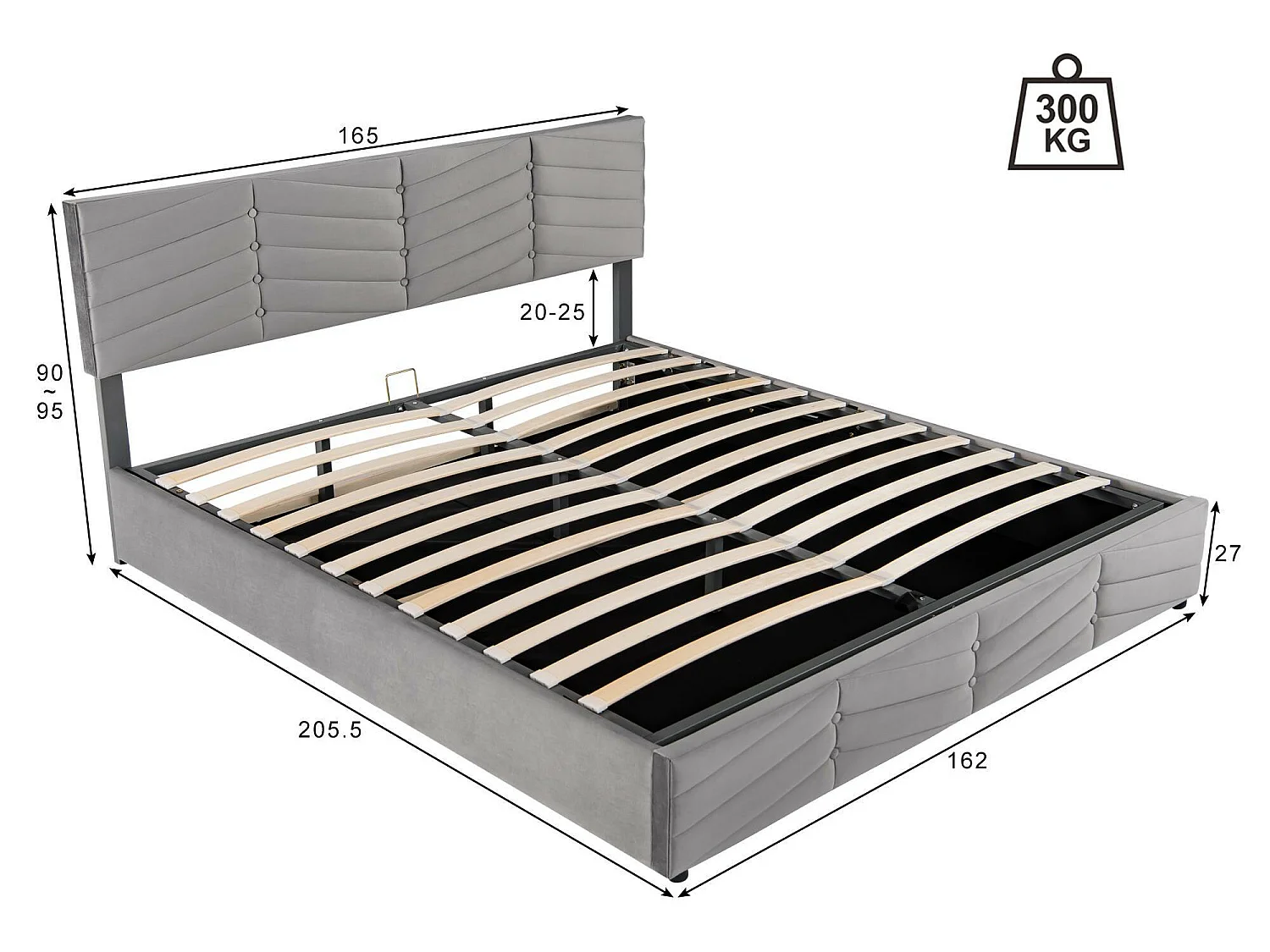 Łóżko z weluru z stelażem na listwy + regulowane wezgłowie - 160x200cm - Szare
