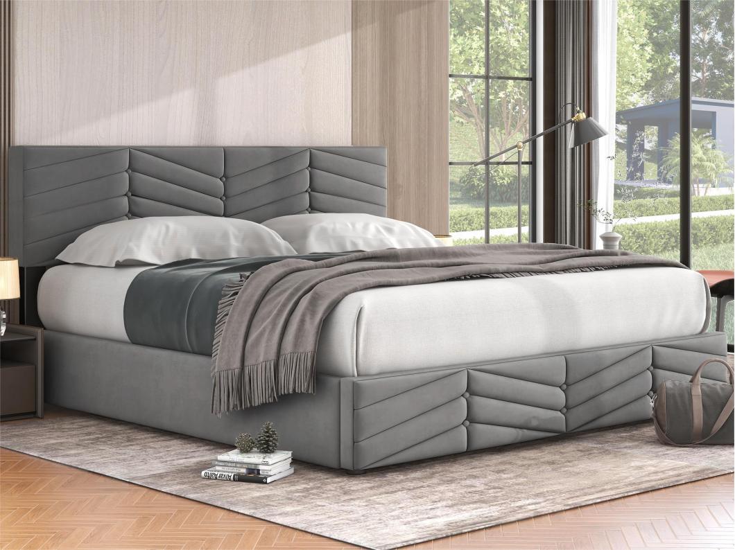 Letto contenitore in velluto con rete a doghe + testiera regolabile - 160x200 cm - Grigio