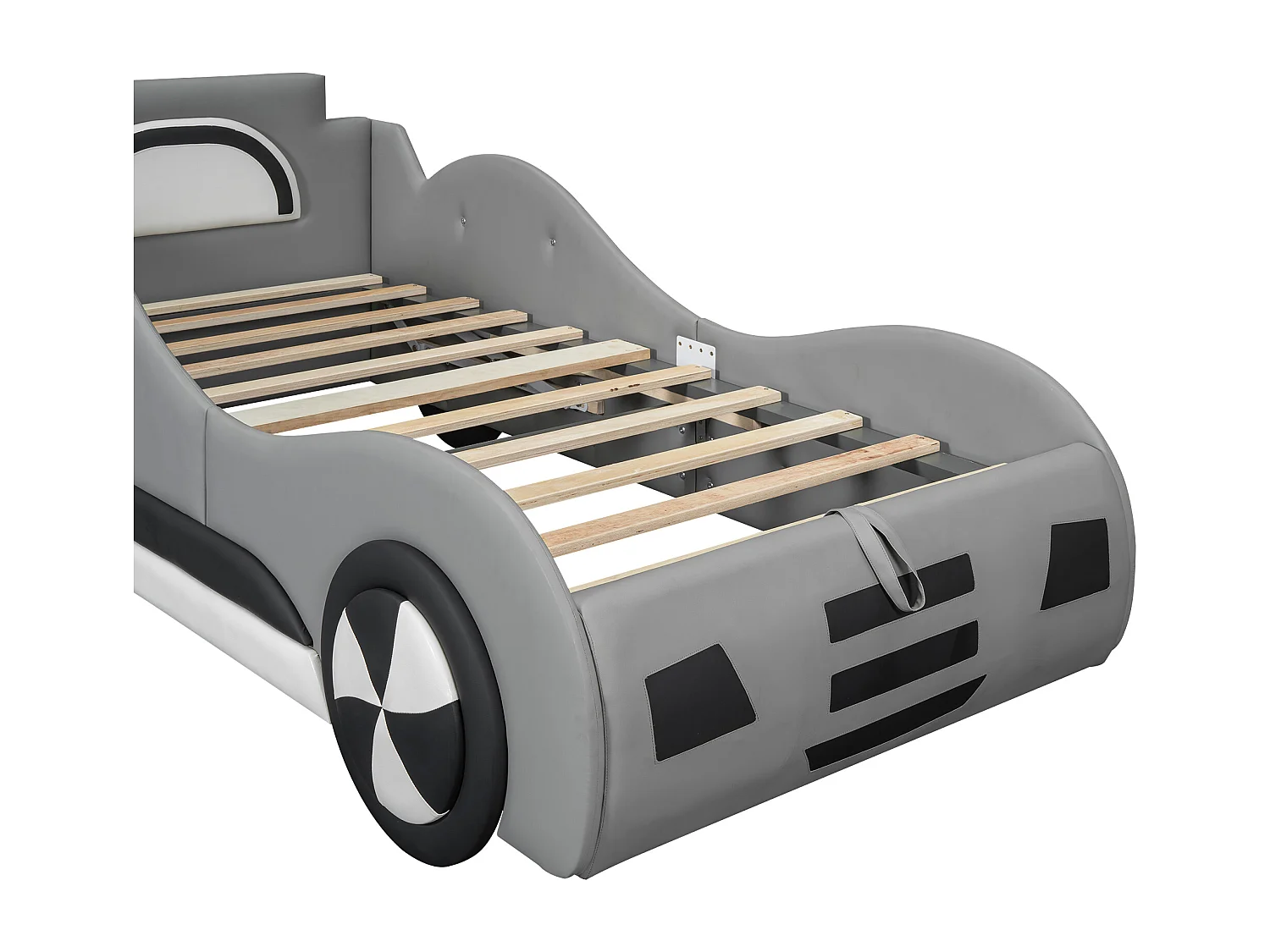 Lit voiture - lit coffre en similicuir 90x200cm avec sommier à lattes - Gris