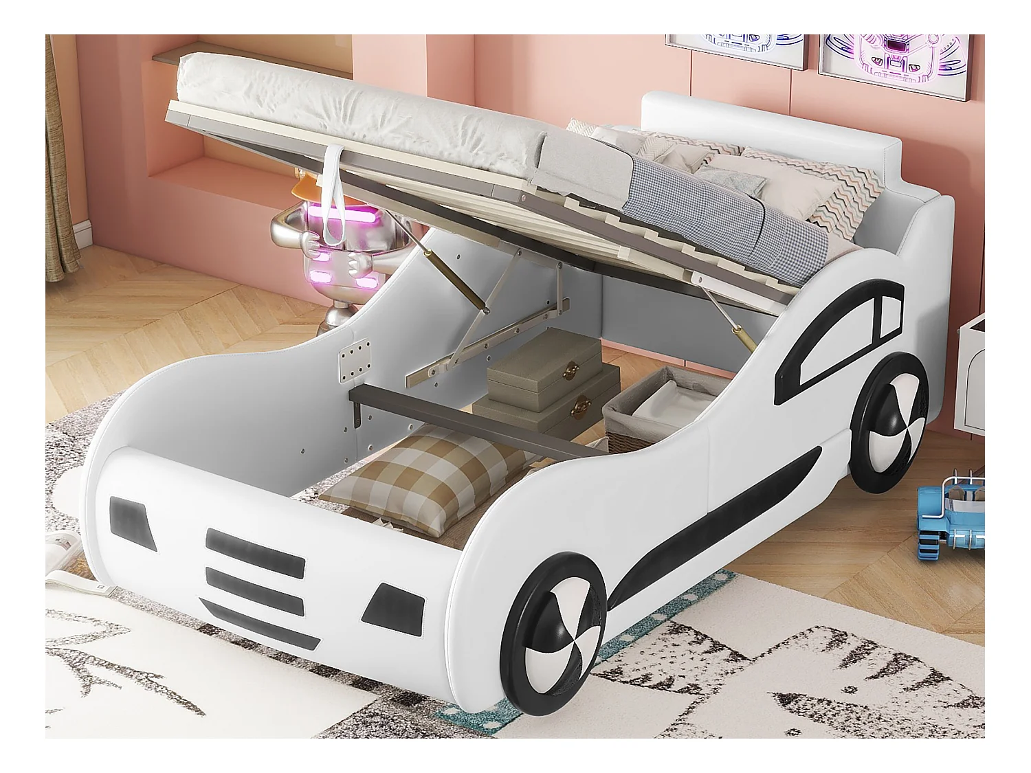Lit voiture - lit coffre en similicuir 90x200cm avec sommier à lattes - Blanc