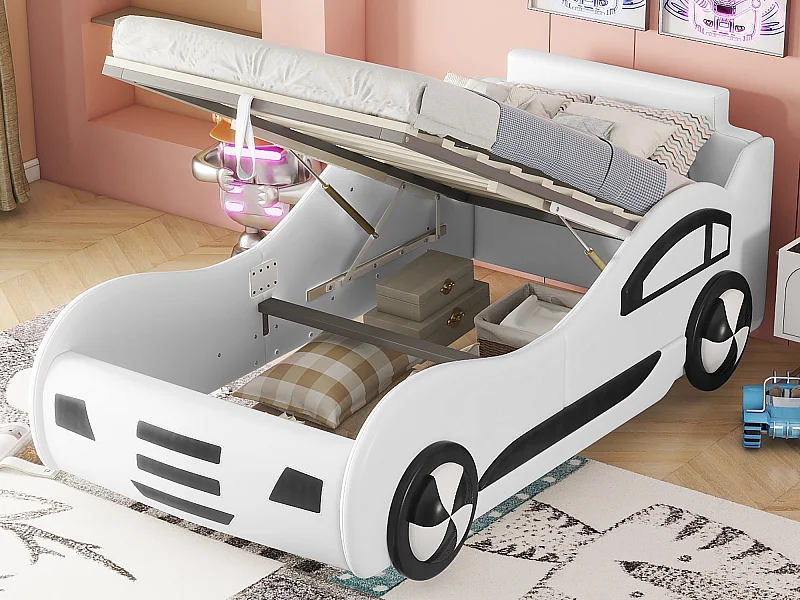 Lit voiture - lit coffre en similicuir 90x200cm avec sommier à lattes - Blanc