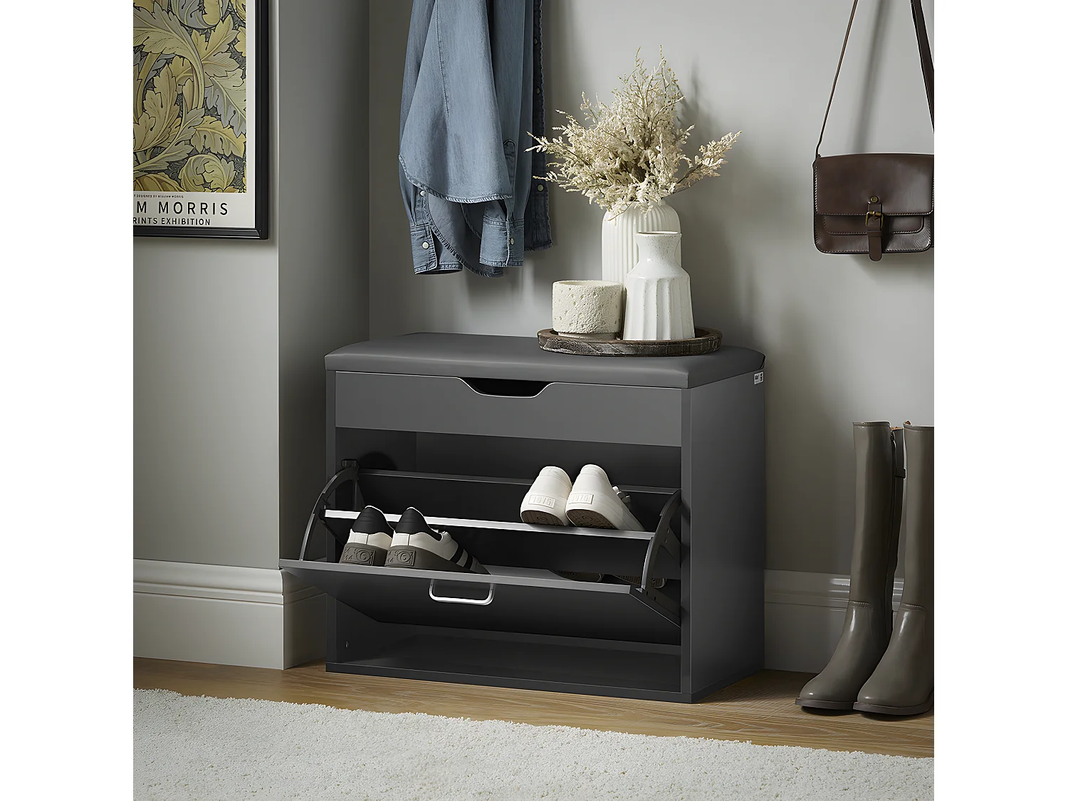 SoBuy Banc à Chaussures Meuble Chaussures Commode à Chaussures Meuble d’entrée 1 abattant avec Assise Rabattable Coussin Rembourrée – 60x30x50 cm, FSR95-HG