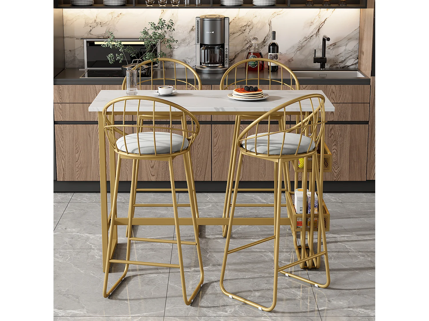 Ensemble “Mange Debout”：Table de bar et 4 Tabourets - structure en métal - Doré