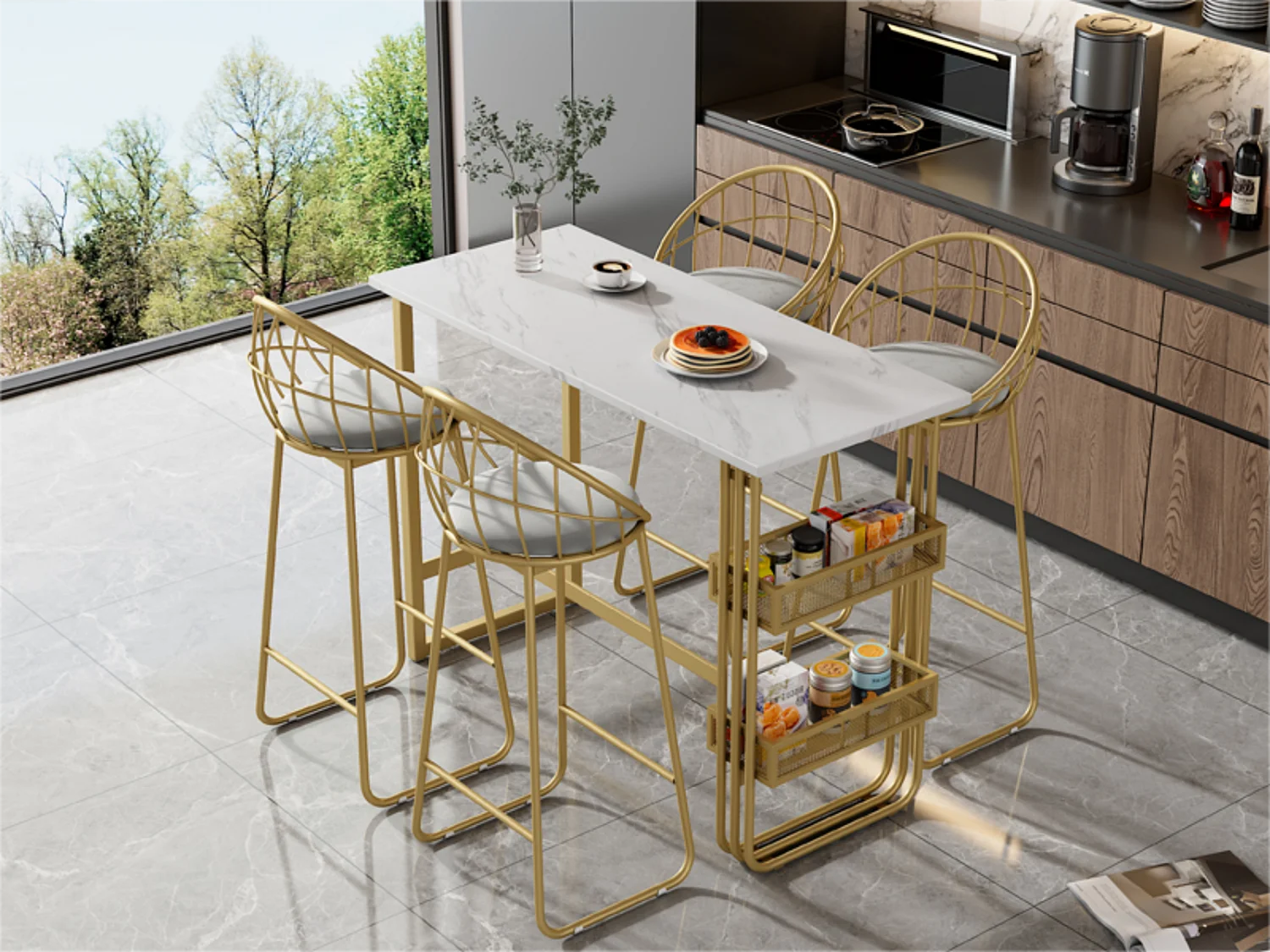„Eat Standing“-Set: Bartisch und 2 Hocker – Metallstruktur – Gold