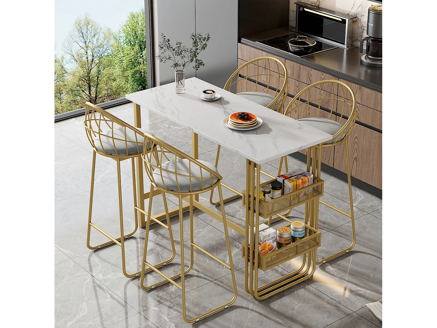 „Eat Standing“-Set: Bartisch und 2 Hocker – Metallstruktur – Gold