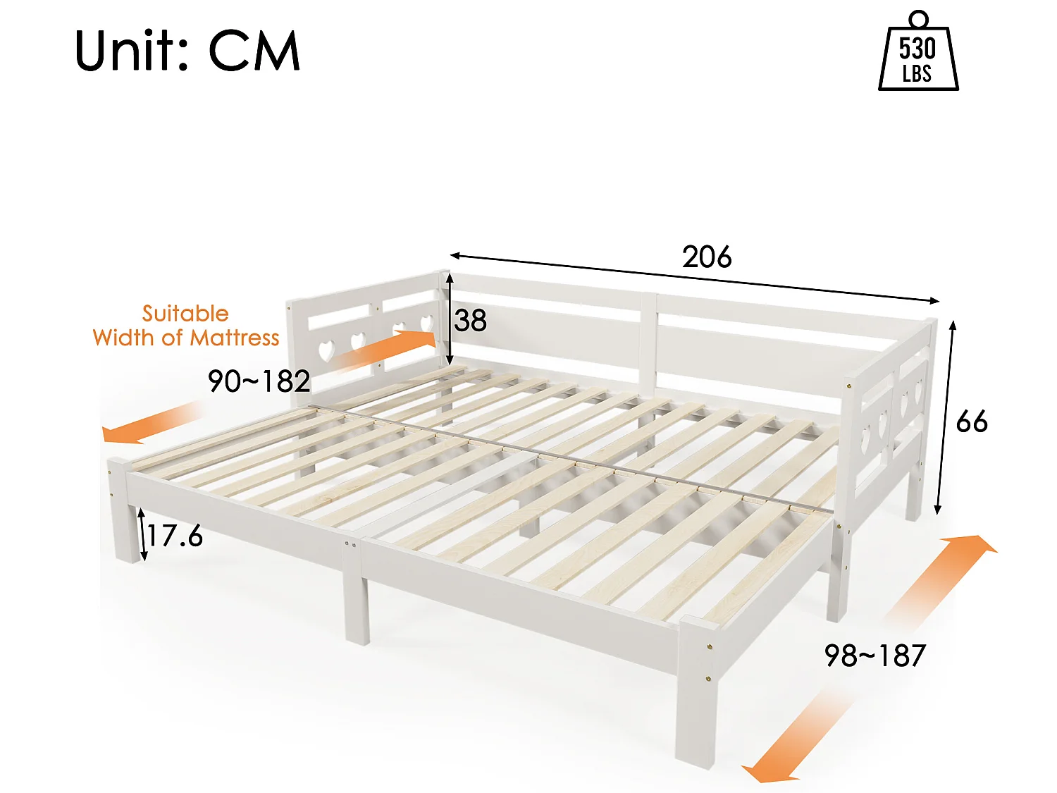 lit gigogne en pin massif - 90(180)x200cm  - avec sommier à lattes - Blanc