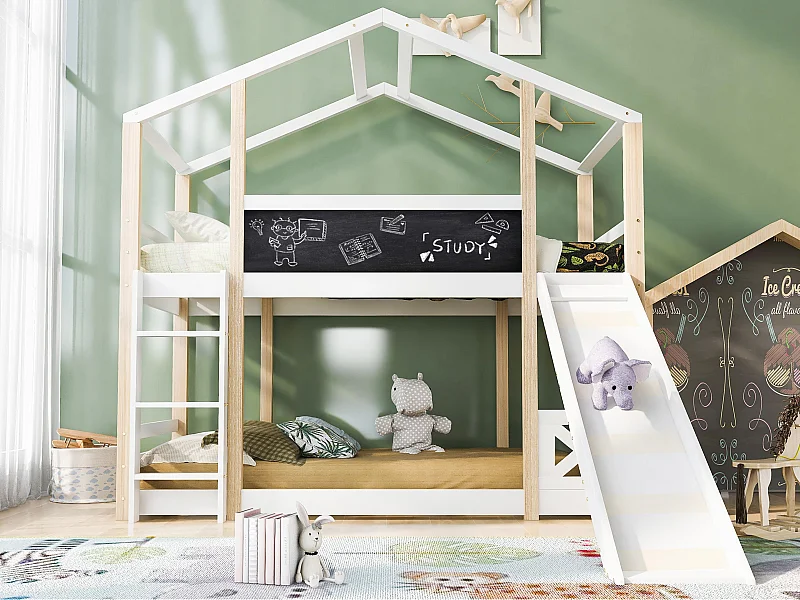 Letto a castello cabina 90x200 cm - con scaletta e scivolo - struttura in pino - bianco