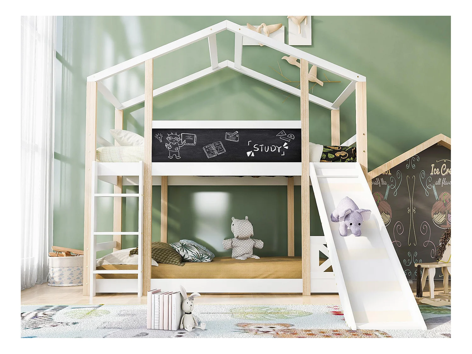 Lit superposé cabane 90x200cm - avec échelle et toboggan - cadre en pin - Blanc