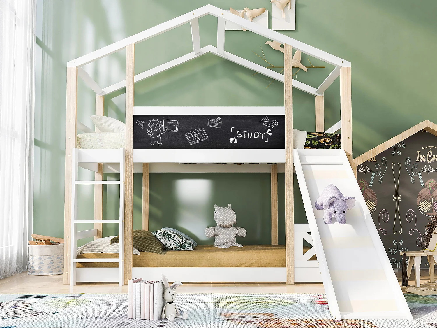 Letto a castello cabina 90x200 cm - con scaletta e scivolo - struttura in pino - bianco