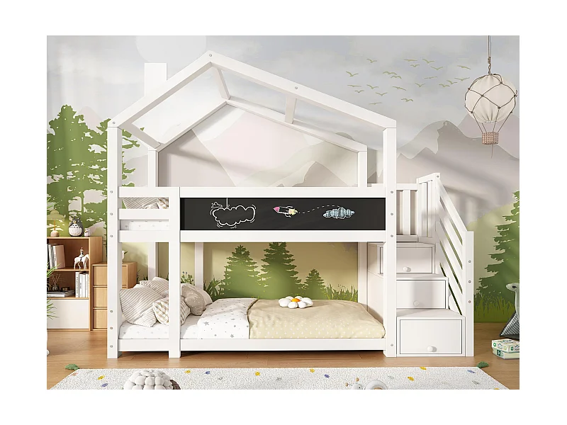 Etagenbett 90 x 200 cm aus Massivholz – mit Stauraumtreppe (2 Schubladen) und einer Tafel – Weiß