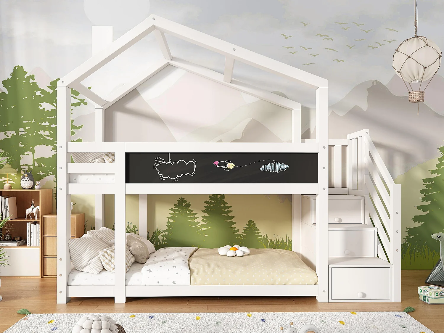 Stapelbed 90x200cm in massief hout - met opbergtrap (2 laden) en een schoolbord - Wit