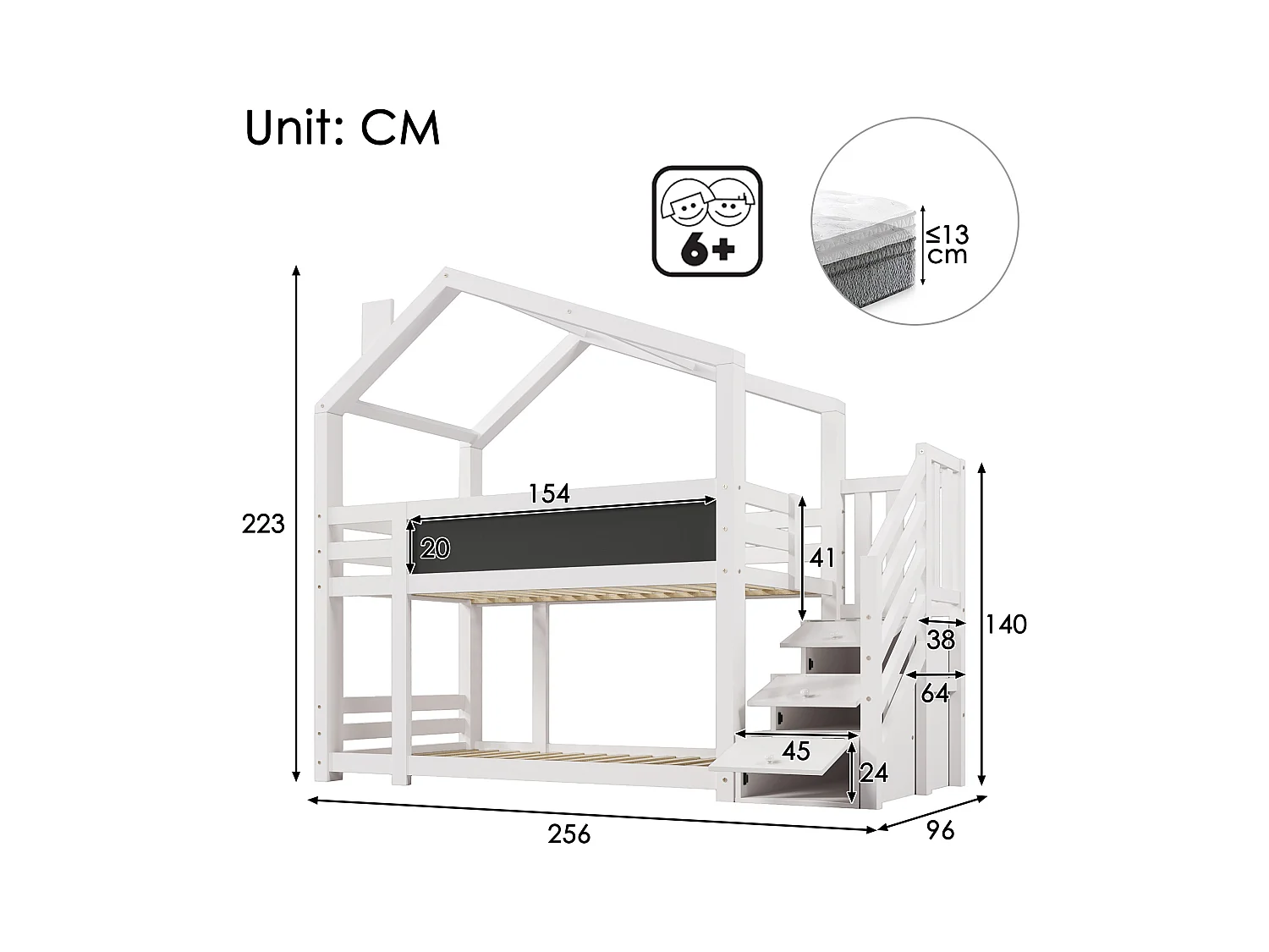 Stapelbed 90x200cm in massief hout - met opbergtrap (2 laden) en een schoolbord - Wit