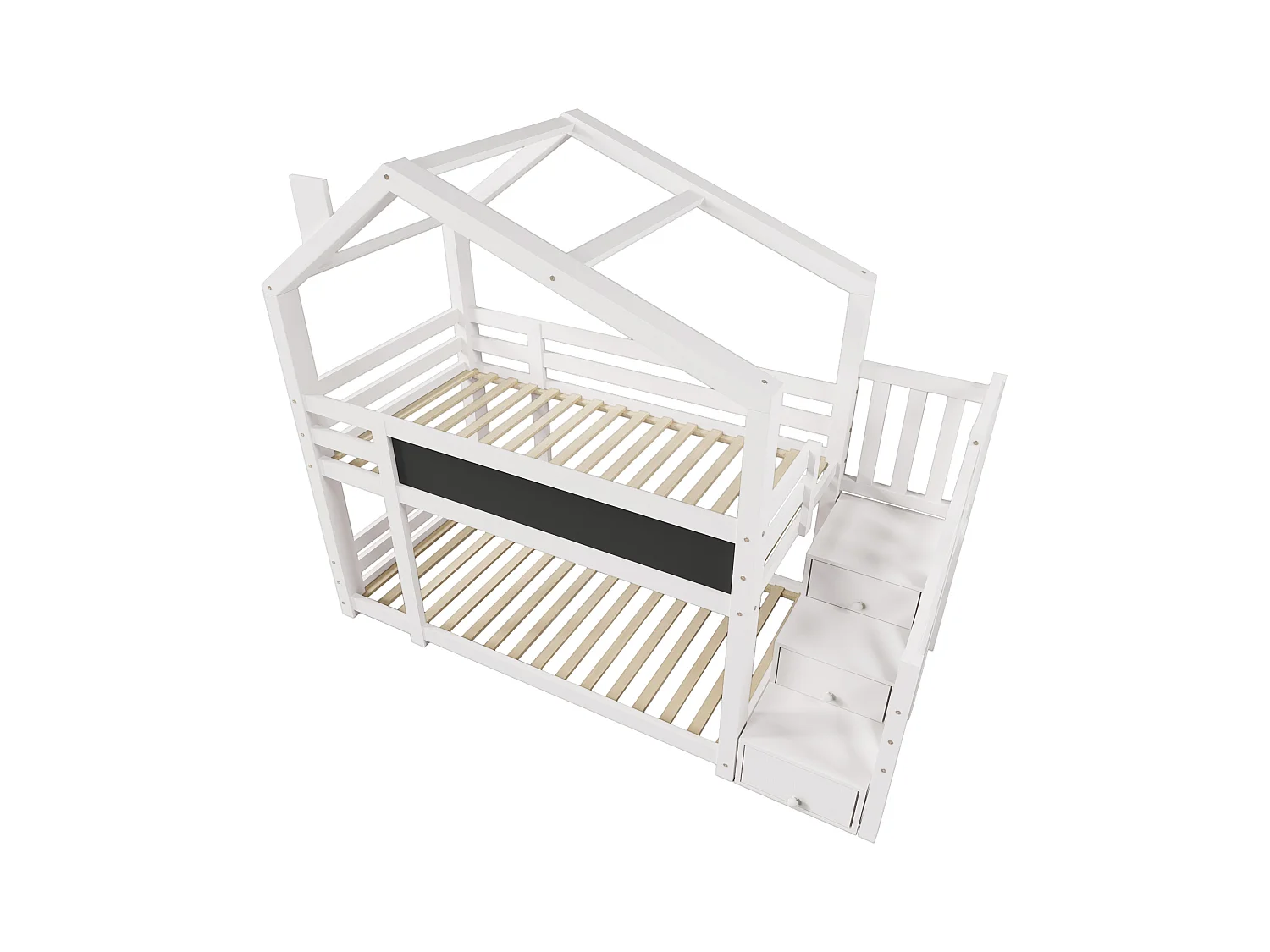 Stapelbed 90x200cm in massief hout - met opbergtrap (2 laden) en een schoolbord - Wit