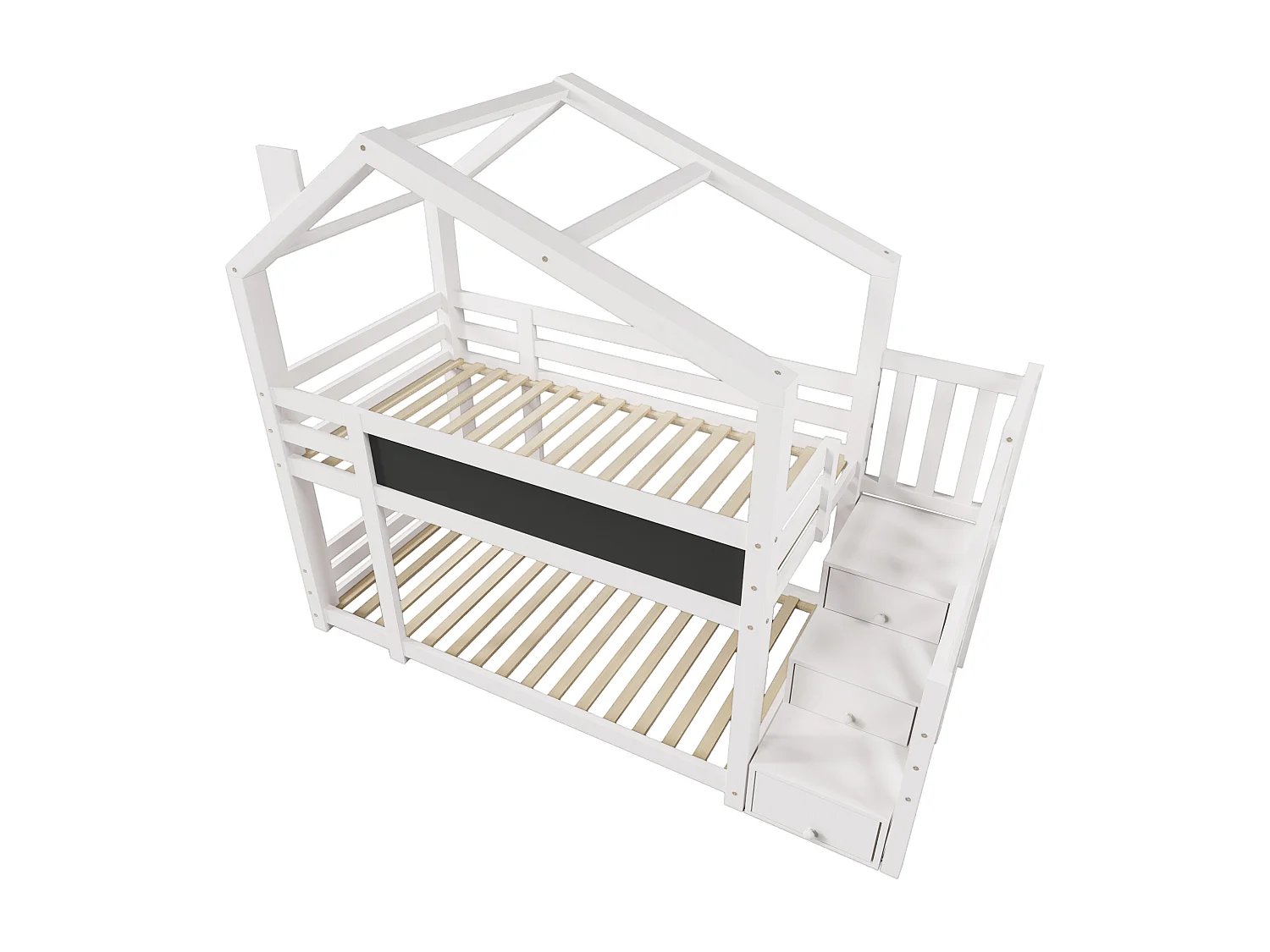 Stapelbed 90x200cm in massief hout - met opbergtrap (2 laden) en een schoolbord - Wit