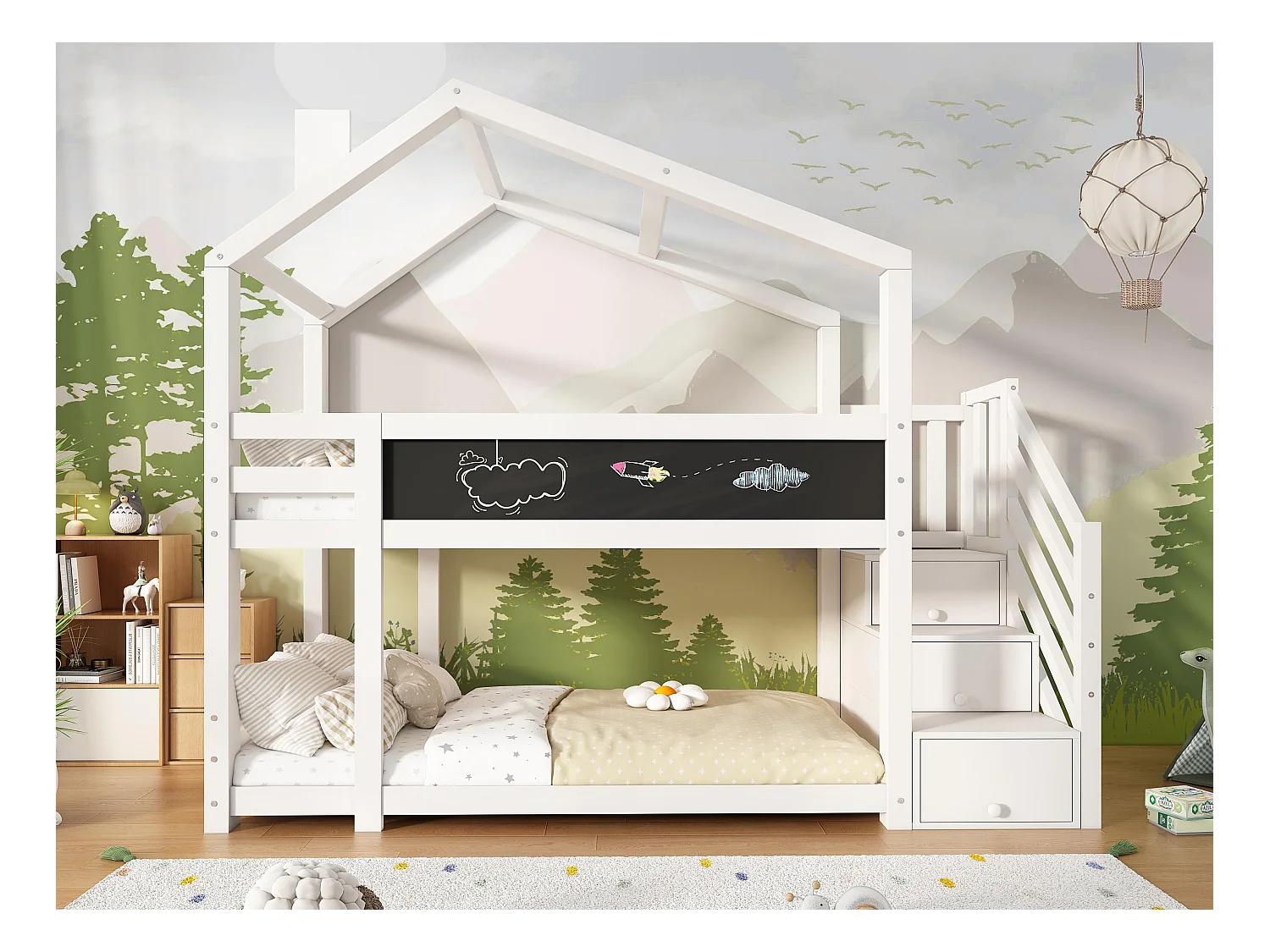 Stapelbed 90x200cm in massief hout - met opbergtrap (2 laden) en een schoolbord - Wit