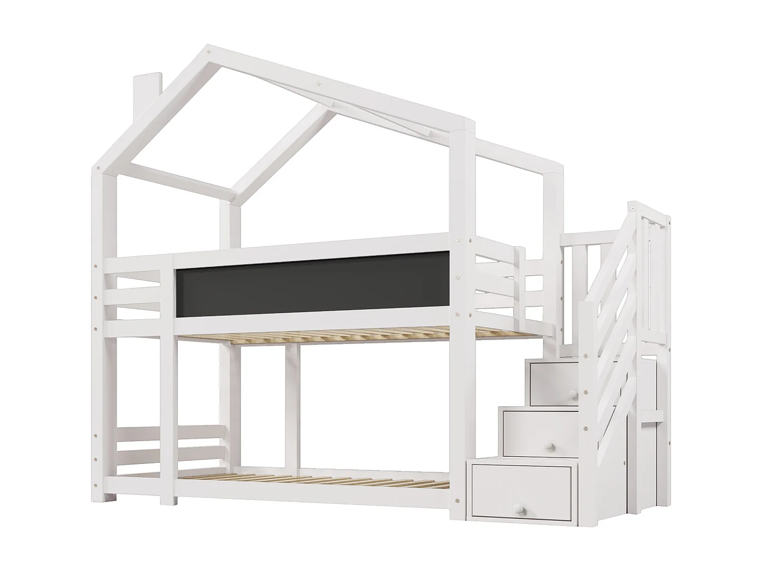 Stapelbed 90x200cm in massief hout - met opbergtrap (2 laden) en een schoolbord - Wit