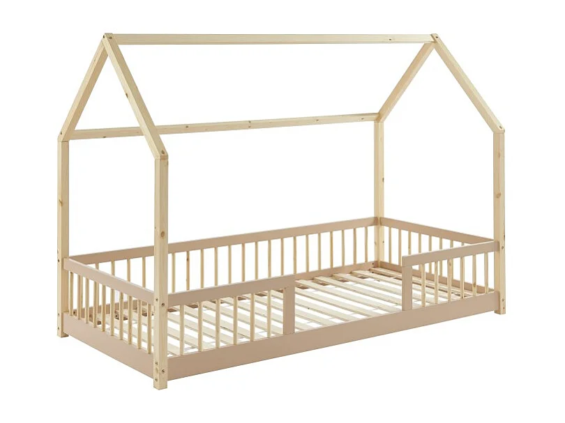 Lit cabane avec barrières TINY pin et rose 90x190cm sommier inclus