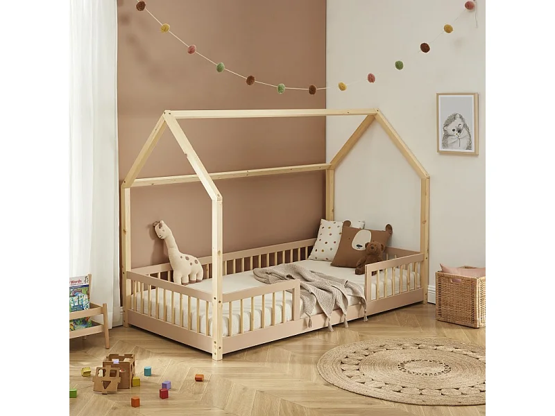 Lit cabane avec barrières TINY pin et rose 90x190cm sommier inclus